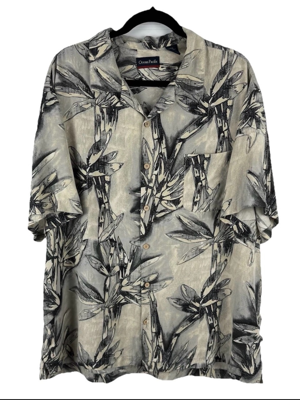 Beige and Black Tropical Short-Sleeve Silk Button-Up Shirt